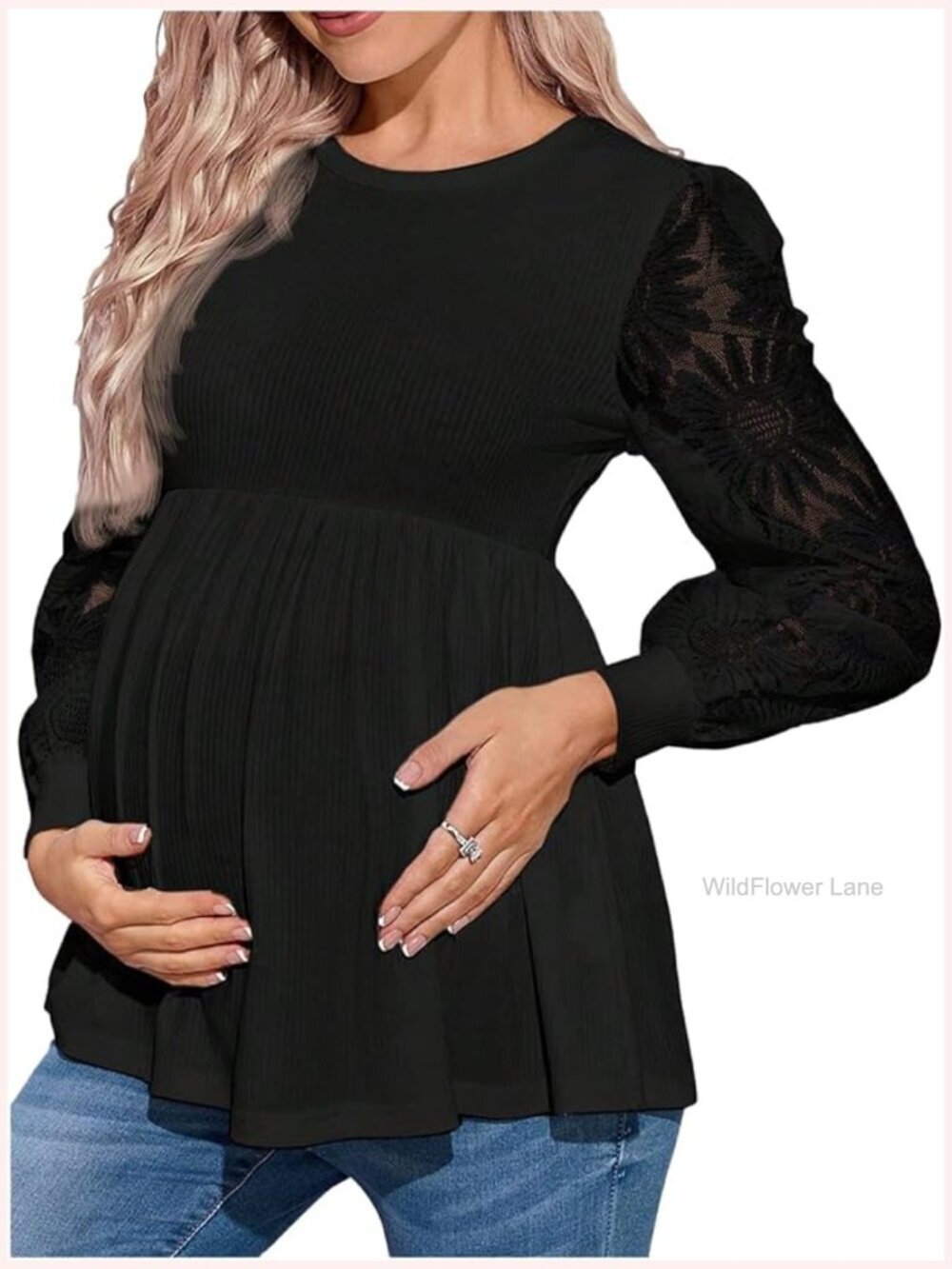Maternity Lace Jacquard Long Sleeve Ruffle Blouse Tunic Top